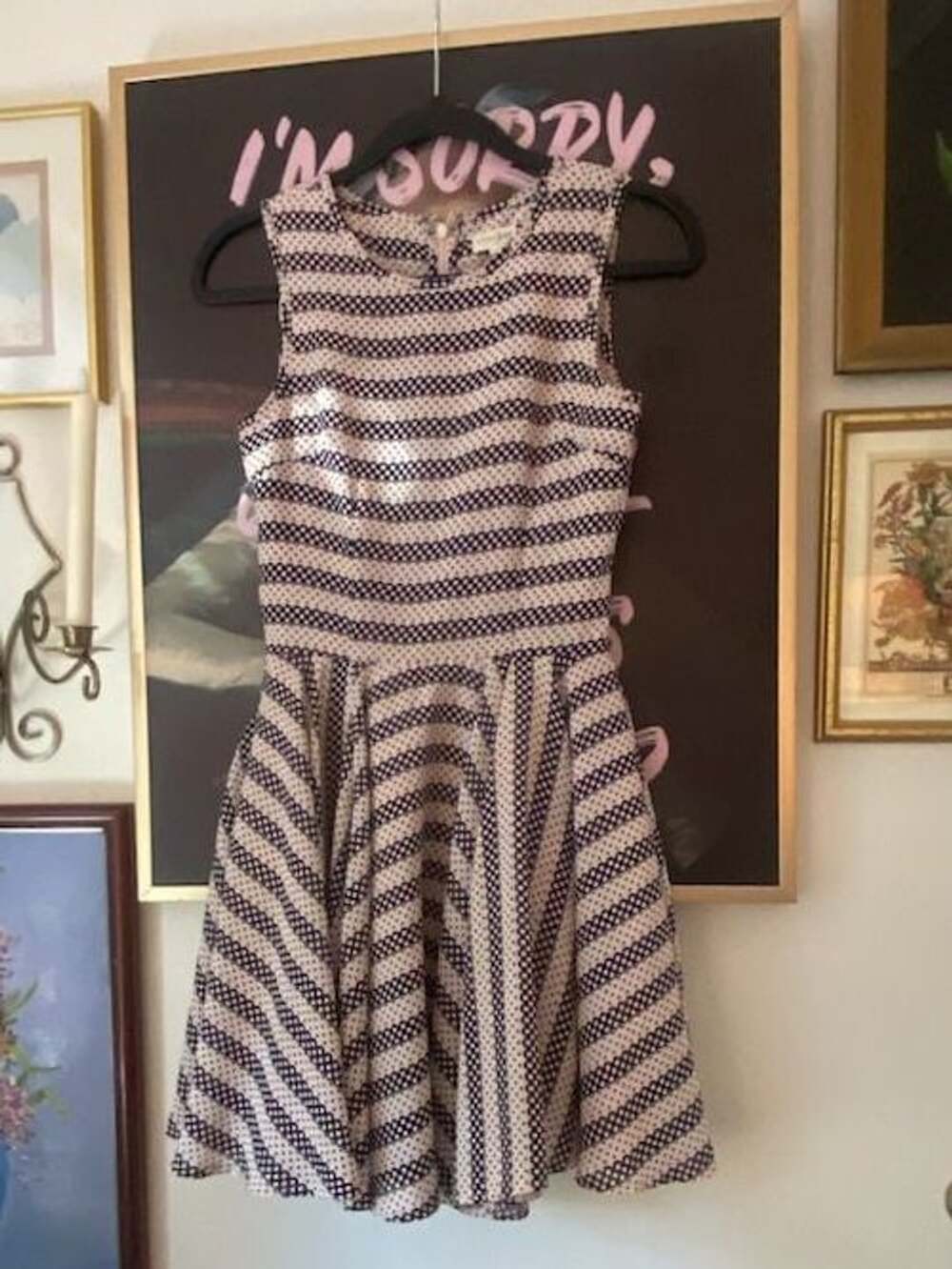 Maison Jules Black and White Polka Dot Striped Fit and Flare Dress